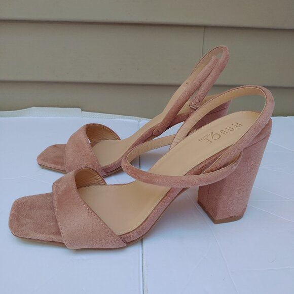 Rouge Helium Pink Block Heels Open-Toe Velvet Slip-on Straps - Picture 4 of 11